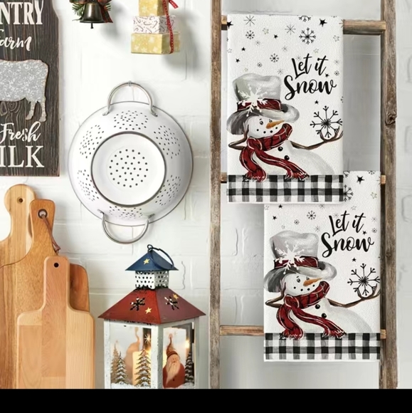 2pc Hand Towels Christmas Holiday Black & White Checkered Snowman Kitchen Towels - Picture 4 of 9
